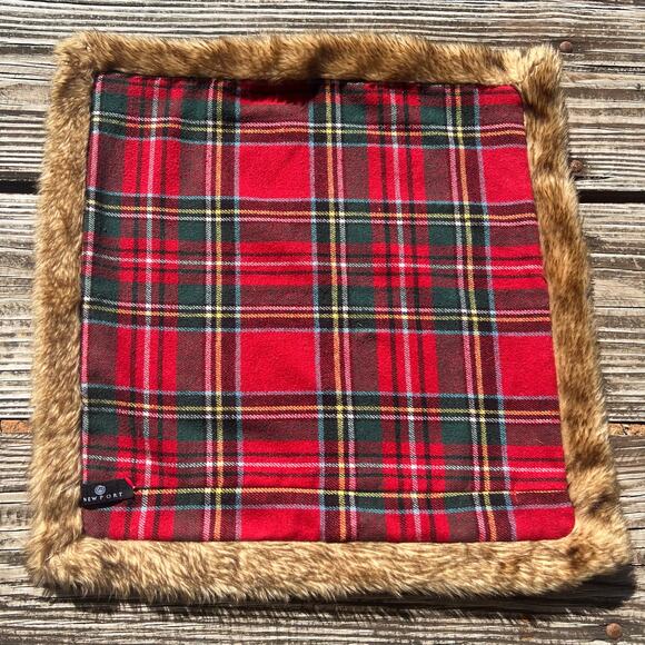 Newport Plaid Flannel Fur Trim Pillow Covers Set of 2 | 19x19 Red Cabin Holiday - Picture 3 of 16